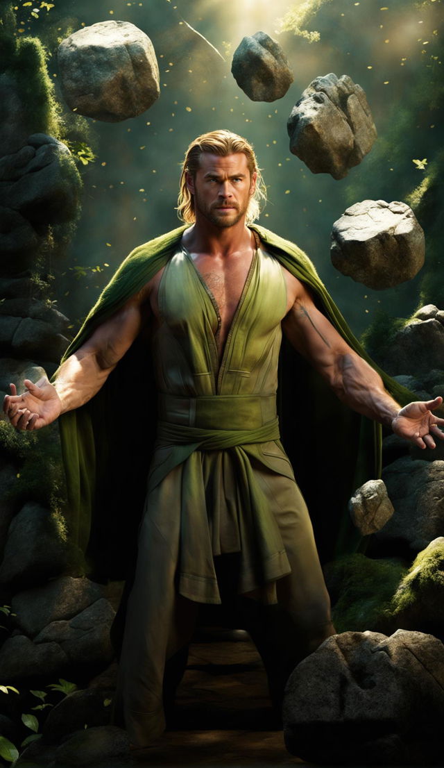 A high-resolution digital artwork featuring Chris Hemsworth in green monk robes, surrounded by levitating boulders in a tranquil forest setting, demonstrating the power of earthbending