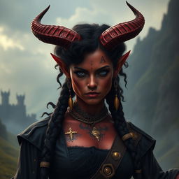 A tall, strong tiefling woman with twisted horns and dark red skin, showcasing unique vitiligo spots