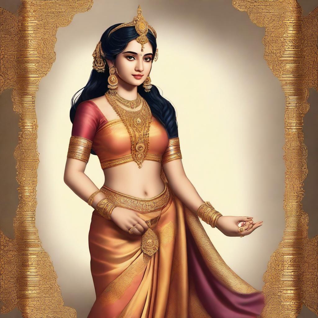 This is a high-resolution digital art image, presenting a full-body depiction of Sita from Ramayana, from head to foot