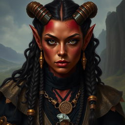 A tall, strong tiefling woman with twisted horns and dark red skin, showcasing unique vitiligo spots