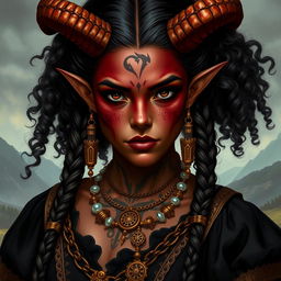 A tall, strong tiefling woman with twisted horns and dark red skin, showcasing unique vitiligo spots