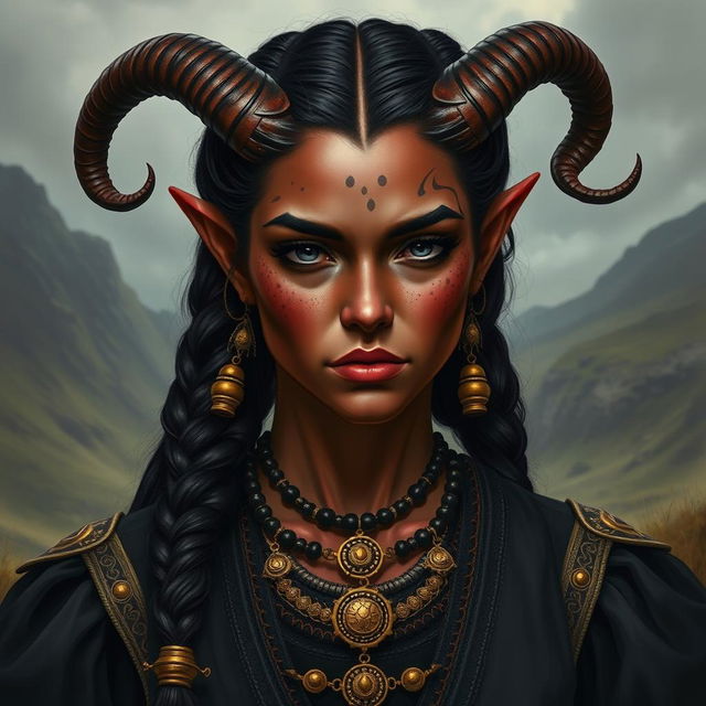 A tall, strong tiefling woman with twisted horns and dark red skin, showcasing unique vitiligo spots