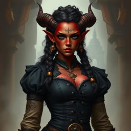 A tall, strong tiefling woman with dark red skin, twisted horns, and completely black eyes