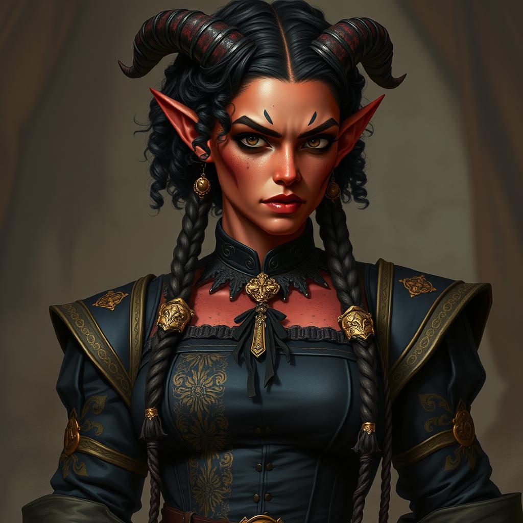 A tall, strong tiefling woman with dark red skin, twisted horns, and completely black eyes