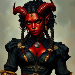 A tall, strong tiefling woman with dark red skin, twisted horns, and completely black eyes