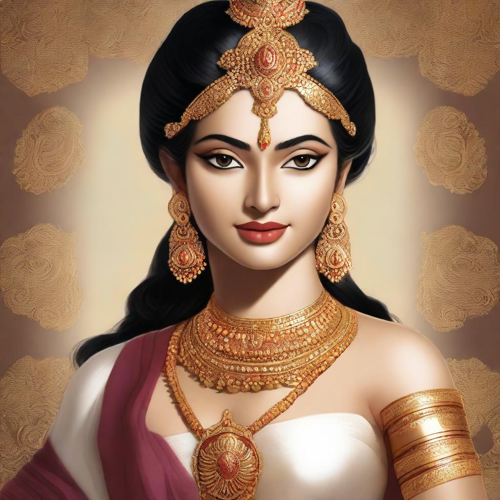 This is a high-resolution digital art image, presenting a full-body depiction of Sita from Ramayana, from head to foot