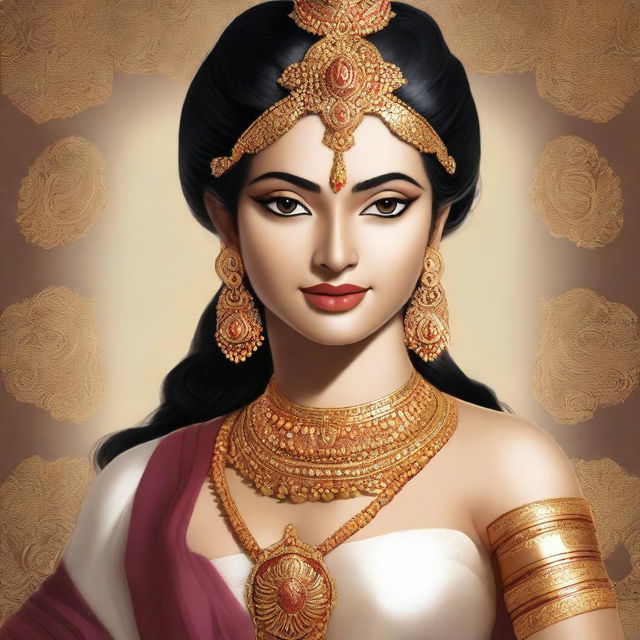 This is a high-resolution digital art image, presenting a full-body depiction of Sita from Ramayana, from head to foot