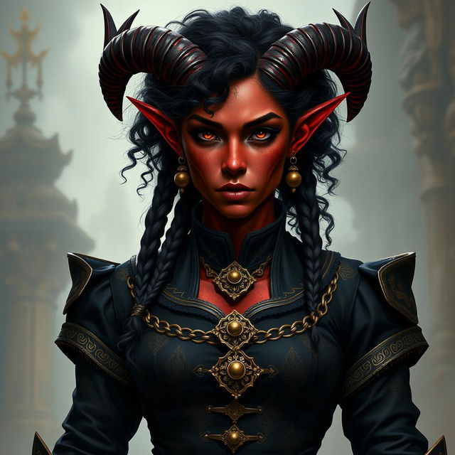 A tall, strong tiefling woman with dark red skin, twisted horns, and completely black eyes