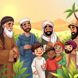 A colorful and engaging illustration for children depicting notable sahabah (companions of the Prophet Muhammad) engaging in acts of kindness, teaching, and camaraderie