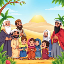 A colorful and engaging illustration for children depicting notable sahabah (companions of the Prophet Muhammad) engaging in acts of kindness, teaching, and camaraderie