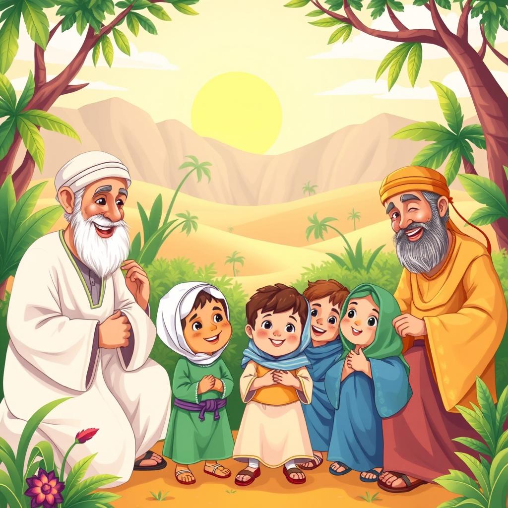 A colorful and engaging illustration for children depicting notable sahabah (companions of the Prophet Muhammad) engaging in acts of kindness, teaching, and camaraderie