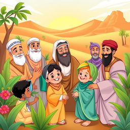 A colorful and engaging illustration for children depicting notable sahabah (companions of the Prophet Muhammad) engaging in acts of kindness, teaching, and camaraderie