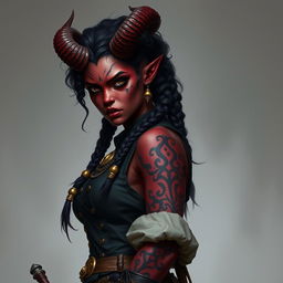 A tall, strong female tiefling warrior with impressive twisted horns, showcasing her dark red skin adorned with stunning vitiligo spots