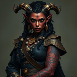 A tall, strong female tiefling warrior with impressive twisted horns, showcasing her dark red skin adorned with stunning vitiligo spots