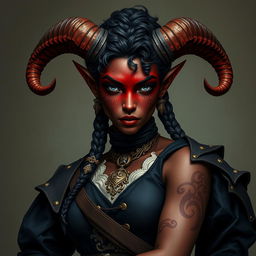 A tall, strong female tiefling warrior with impressive twisted horns, showcasing her dark red skin adorned with stunning vitiligo spots