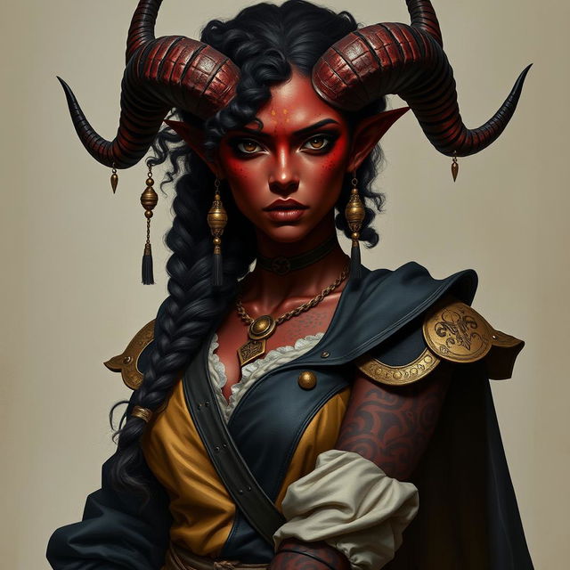 A tall, strong female tiefling warrior with impressive twisted horns, showcasing her dark red skin adorned with stunning vitiligo spots