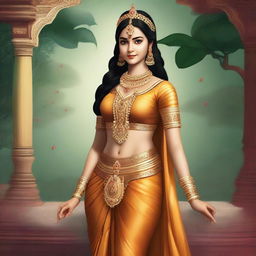 This is a high-resolution digital art image, presenting a full-body depiction of Sita from Ramayana, from head to foot