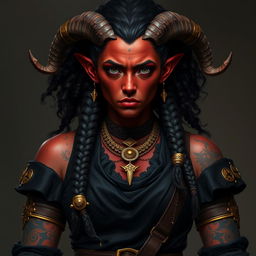 A tall, strong tiefling woman with twisted horns, her skin a dark red adorned with vitiligo spots