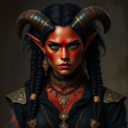 A tall, strong tiefling woman with twisted horns, her skin a dark red adorned with vitiligo spots