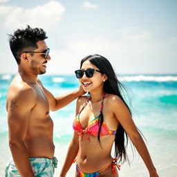 A vibrant beach scene featuring a man gently touching the shoulder of an Asian girl in a colorful bikini