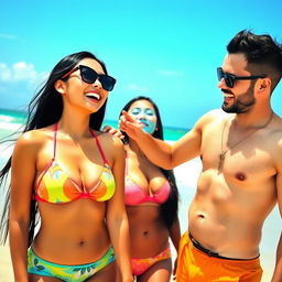 A vibrant beach scene featuring a man gently touching the shoulder of an Asian girl in a colorful bikini