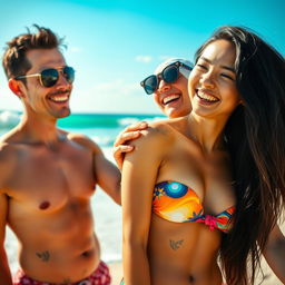 A vibrant beach scene featuring a man gently touching the shoulder of an Asian girl in a colorful bikini