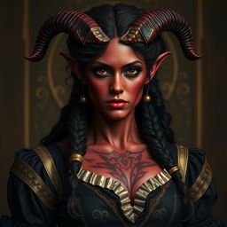 A tall, strong tiefling woman with twisted horns and dark red skin, displaying vitiligo spots