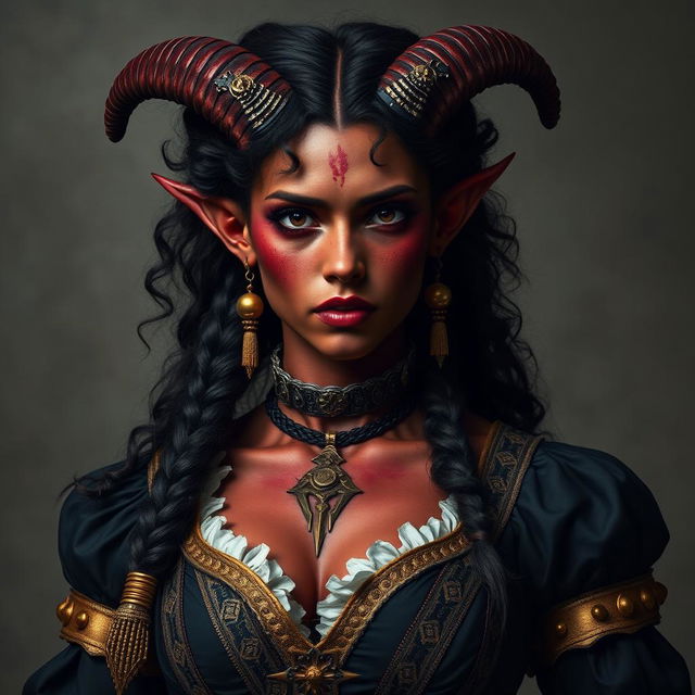 A tall, strong tiefling woman with twisted horns and dark red skin, displaying vitiligo spots