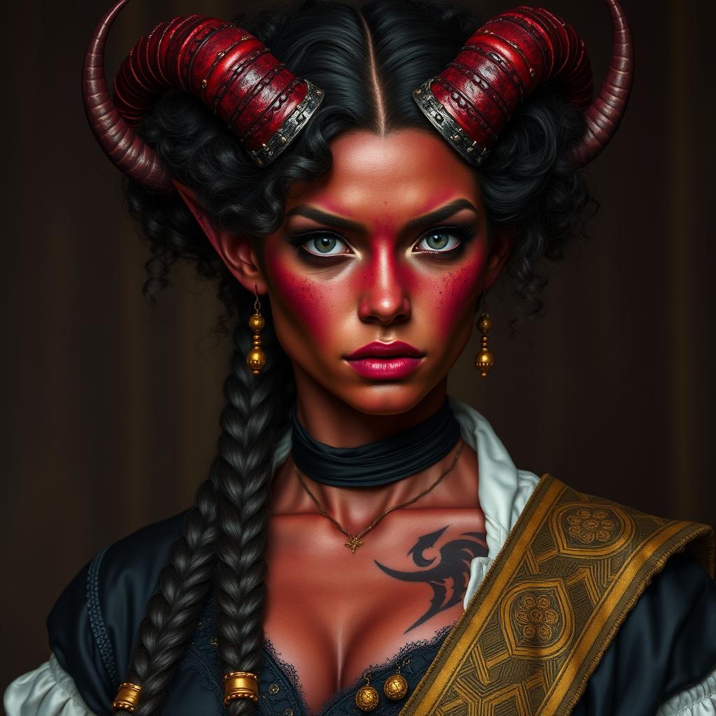 A tall, strong tiefling woman with twisted horns and dark red skin, displaying vitiligo spots