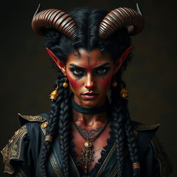 A tall, strong tiefling woman with twisted horns and dark red skin, displaying vitiligo spots