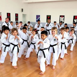 A dynamic scene featuring both children and adults dressed in traditional taekwondo uniforms, all adorned with black belts