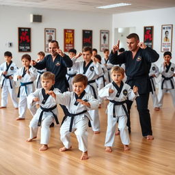A dynamic scene featuring both children and adults dressed in traditional taekwondo uniforms, all adorned with black belts