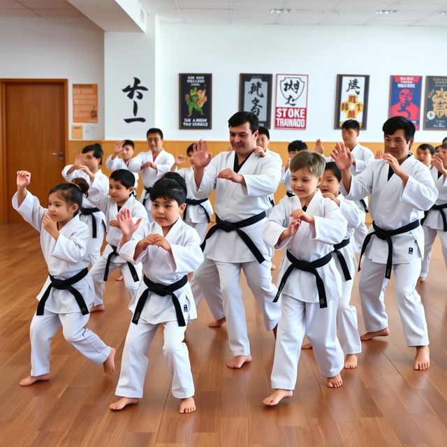 A dynamic scene featuring both children and adults dressed in traditional taekwondo uniforms, all adorned with black belts