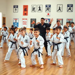 A dynamic scene featuring both children and adults dressed in traditional taekwondo uniforms, all adorned with black belts