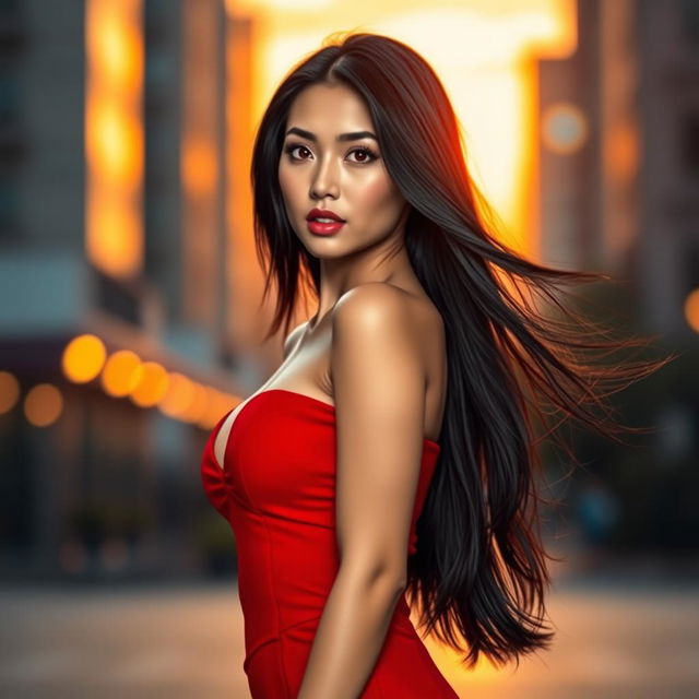 A stunning Asian woman with long, flowing black hair, wearing a form-fitting red dress that accentuates her figure