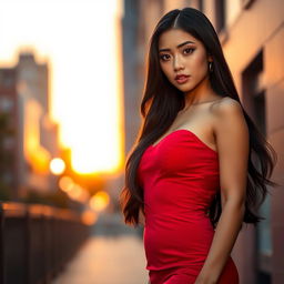 A stunning Asian woman with long, flowing black hair, wearing a form-fitting red dress that accentuates her figure