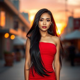 A stunning Asian woman with long, flowing black hair, wearing a form-fitting red dress that accentuates her figure