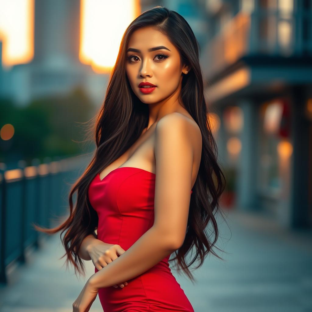 A stunning Asian woman with long, flowing black hair, wearing a form-fitting red dress that accentuates her figure