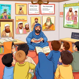 An engaging and illustrative storytelling scene showcasing stories of sahabah (companions of the Prophet Muhammad) for children, depicting a cozy classroom with children attentively listening to an animated and enthusiastic teacher