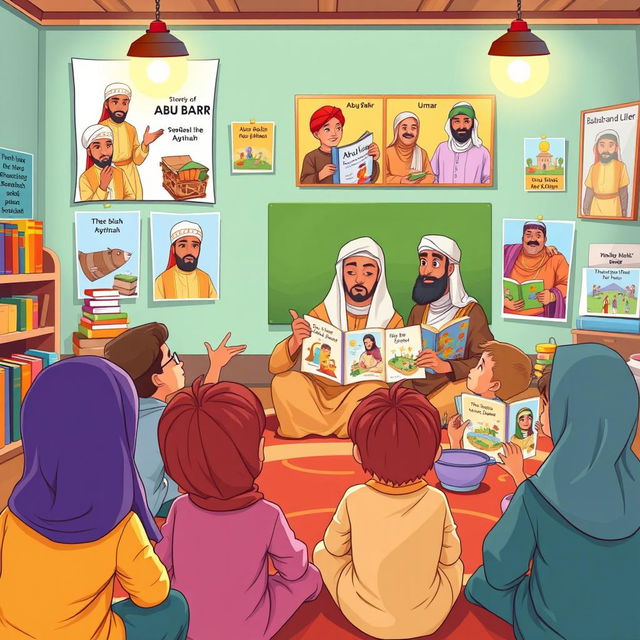 An engaging and illustrative storytelling scene showcasing stories of sahabah (companions of the Prophet Muhammad) for children, depicting a cozy classroom with children attentively listening to an animated and enthusiastic teacher