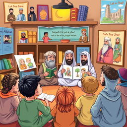 An engaging and illustrative storytelling scene showcasing stories of sahabah (companions of the Prophet Muhammad) for children, depicting a cozy classroom with children attentively listening to an animated and enthusiastic teacher