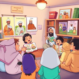 An engaging and illustrative storytelling scene showcasing stories of sahabah (companions of the Prophet Muhammad) for children, depicting a cozy classroom with children attentively listening to an animated and enthusiastic teacher