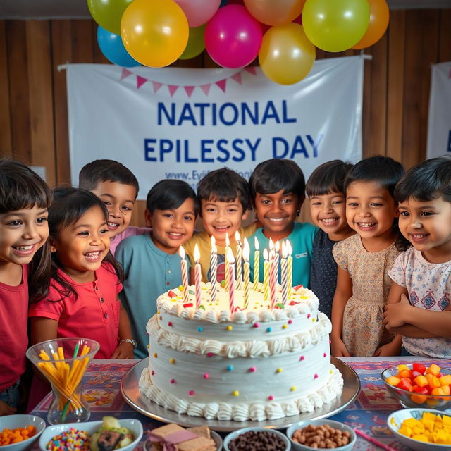 A warm and festive scene depicting a group of cheerful children celebrating National Epilepsy Day