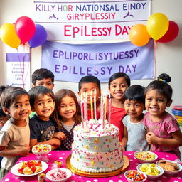 A warm and festive scene depicting a group of cheerful children celebrating National Epilepsy Day