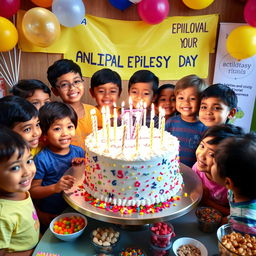 A warm and festive scene depicting a group of cheerful children celebrating National Epilepsy Day