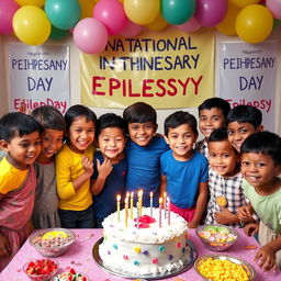 A warm and festive scene depicting a group of cheerful children celebrating National Epilepsy Day