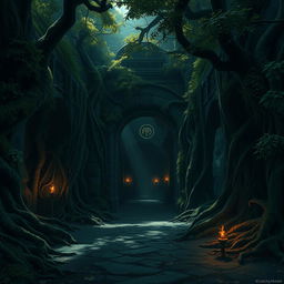 An atmospheric scene depicting the entrance to ancient catacombs hidden within a dense, mystical forest