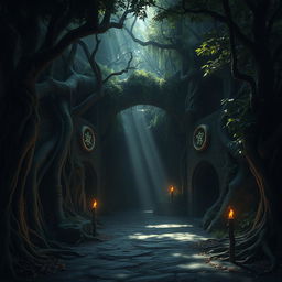 An atmospheric scene depicting the entrance to ancient catacombs hidden within a dense, mystical forest