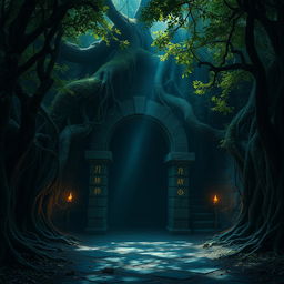 An atmospheric scene depicting the entrance to ancient catacombs hidden within a dense, mystical forest