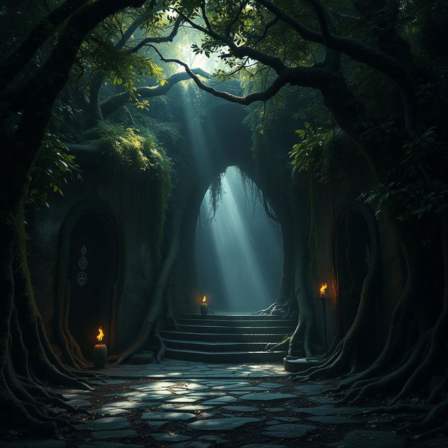 An atmospheric scene depicting the entrance to ancient catacombs hidden within a dense, mystical forest